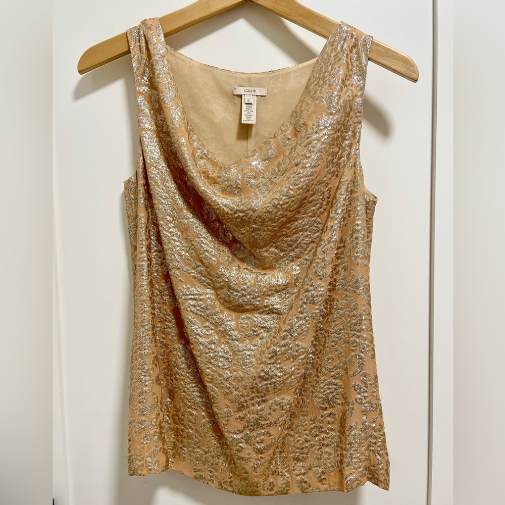 J. Crew Gold Brocade Draped Neck Sleeveless Top